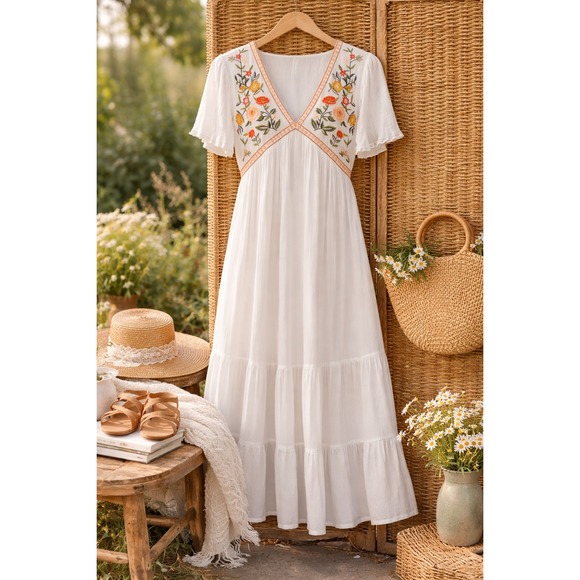 in loom Dresses & Skirts - In Loom White Floral Embroidered Boho Cottagecore V-Neck Tiered Midi Dress Large